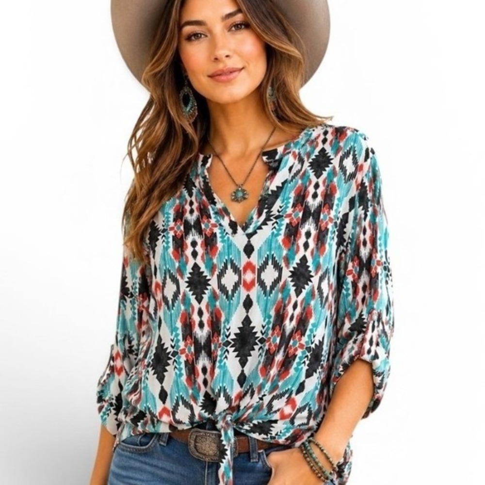 New Directions Southwestern Aztec Tie Front Blouse XL Boho Top new no tags